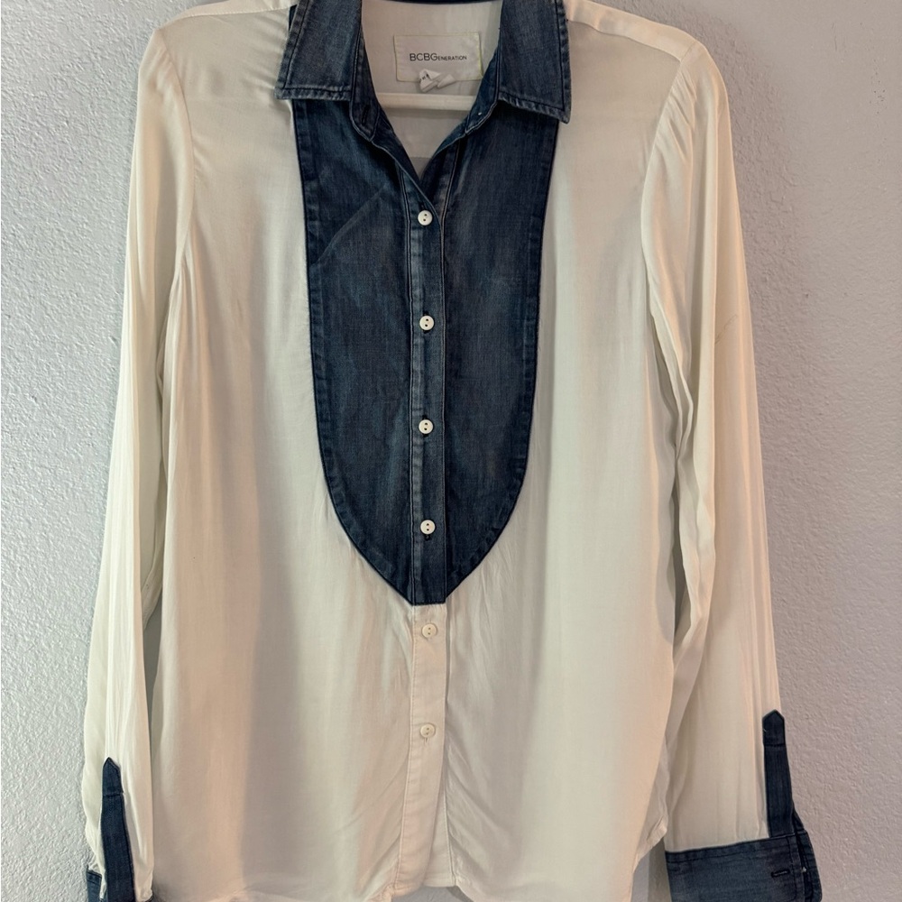Vintage White and Denim Country Western Button-Up Shirt
